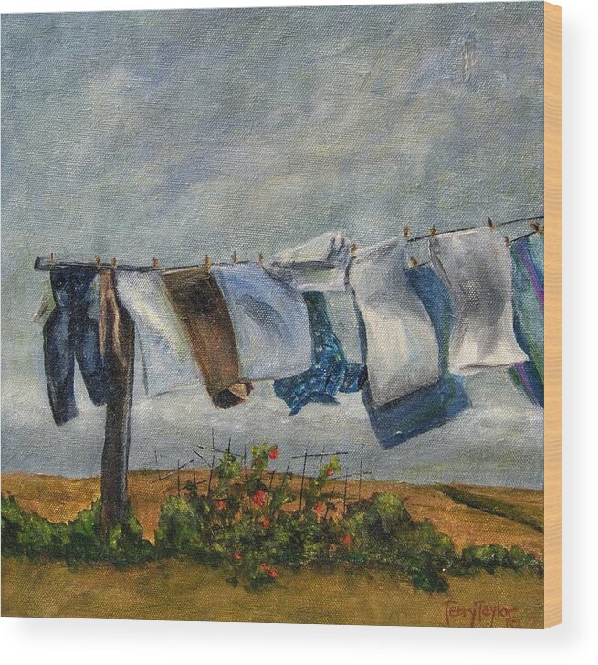 Laundry Wood Print featuring the painting Time to Take in the Laundry by Terry Taylor