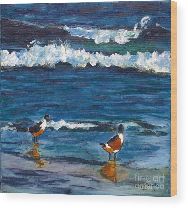 Ocean Waves Wood Print featuring the painting Two Birds with Waves by Jeanne Forsythe