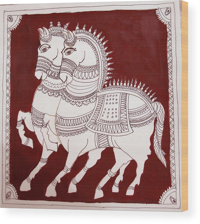 Horses Kalamkari Style Wood Print featuring the painting Two horses by Asha Sudhaker Shenoy