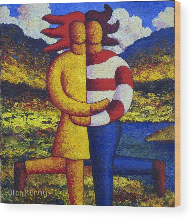 Lovers Wood Print featuring the painting Two lovers in a landscape by a lake by Alan Kenny