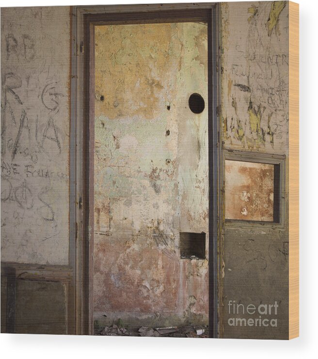 Indoors Wood Print featuring the photograph Walls with graffiti in an abandoned house. by Bernard Jaubert