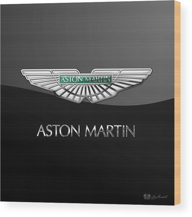 'wheels Of Fortune� Collection By Serge Averbukh Wood Print featuring the photograph Aston Martin 3 D Badge on Black by Serge Averbukh