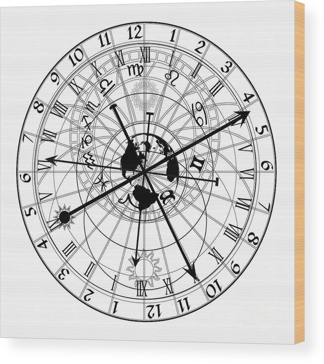 Esoteric Wood Print featuring the digital art Astronomical Clock #1 by Michal Boubin