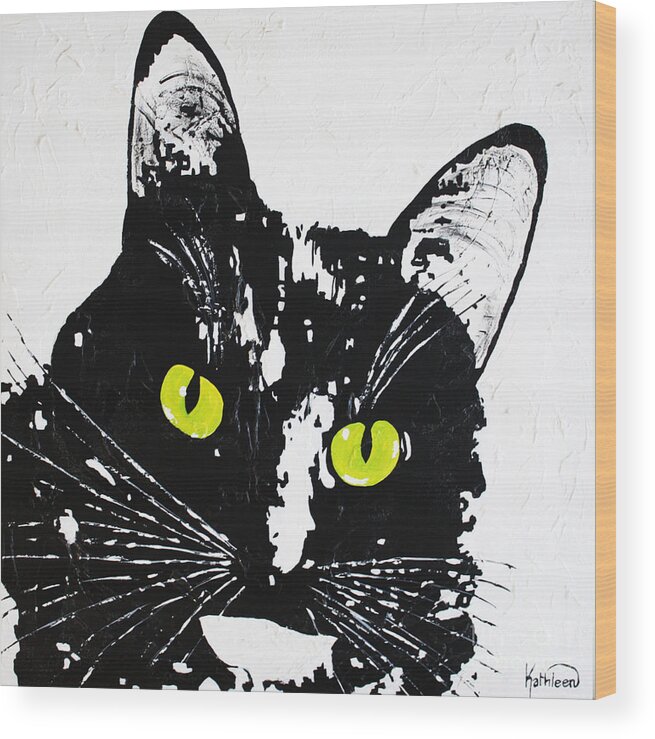 Black Cat Wood Print featuring the painting BLACK CAT Eyes by Kathleen Artist PRO