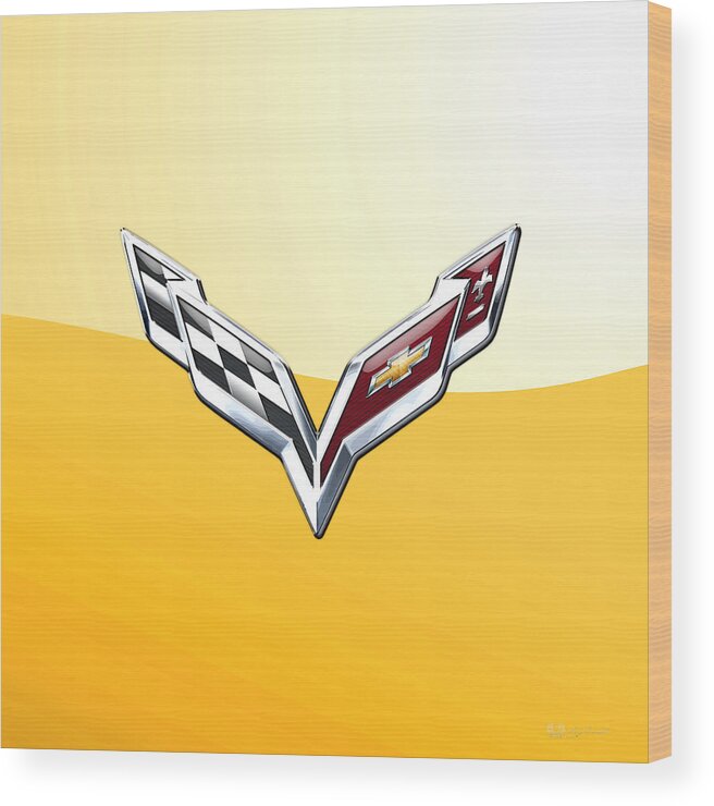 �wheels Of Fortune� Collection By Serge Averbukh Wood Print featuring the photograph Chevrolet Corvette 3D Badge on Yellow by Serge Averbukh