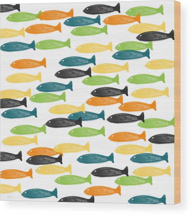 Fish Pond River Fishing Blue Green Orange Yellow Fish Pattern Art For Kids Room Dorm Room Art Cabin Art Hunting And Fishing Modern Fish Abstract Fish Art Outdoors Bedroom Art Kitchen Art Living Room Art Gallery Wall Art Art For Interior Designers Hospitality Art Set Design Wedding Gift Art By Linda Woods Wood Print featuring the painting Colorful Fish by Linda Woods