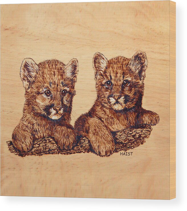 Kittens Wood Print featuring the pyrography Cougar Cubs #1 by Ron Haist