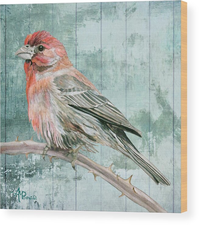 Finch Wood Print featuring the painting House Finch by Angeles M Pomata