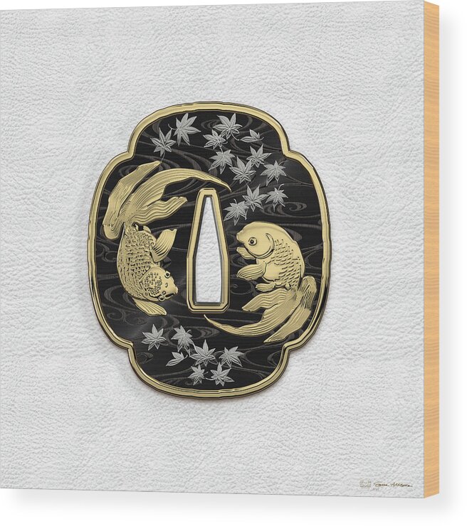 'treasures Of Japan' Collection By Serge Averbukh Wood Print featuring the photograph Japanese Katana Tsuba - Twin Gold Fish on Black Steel over White Leather #1 by Serge Averbukh