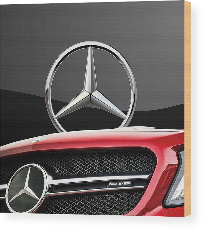 'auto Badges' By Serge Averbukh Wood Print featuring the photograph Red Mercedes - Front Grill Ornament and 3 D Badge on Black by Serge Averbukh