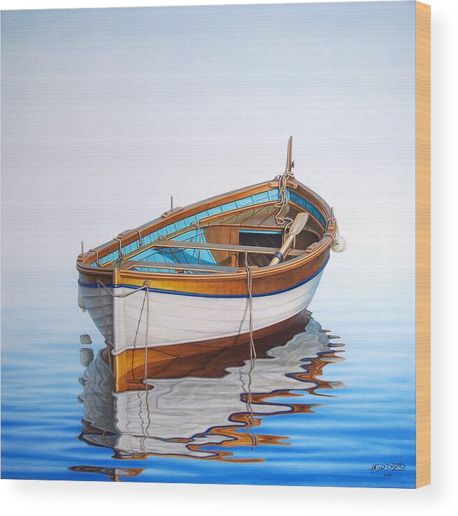 Fishing Wood Print featuring the painting Solitary Boat on the Sea #1 by Horacio Cardozo