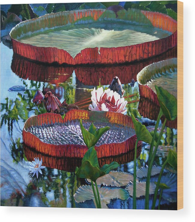 Water Lilies Wood Print featuring the painting Sunlight Shining Through #1 by John Lautermilch
