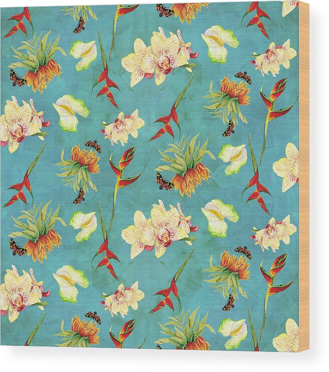 Orchid Wood Print featuring the painting Tropical Island Floral Half Drop Pattern by Audrey Jeanne Roberts