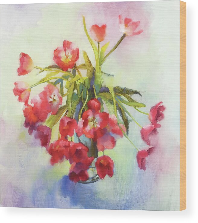 Floral Wood Print featuring the painting Tulip Fling #1 by Cathy Locke