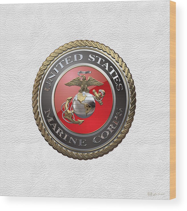 'usmc' Collection By Serge Averbukh Wood Print featuring the digital art U. S. Marine Corps - U S M C Emblem over White Leather by Serge Averbukh