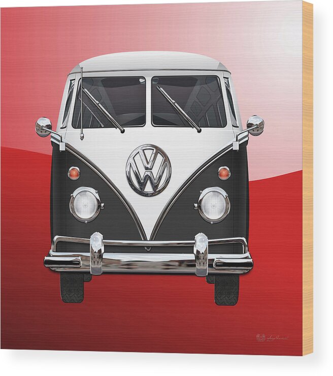 'volkswagen Type 2' Collection By Serge Averbukh Wood Print featuring the photograph Volkswagen Type 2 - Black and White Volkswagen T 1 Samba Bus on Red #2 by Serge Averbukh