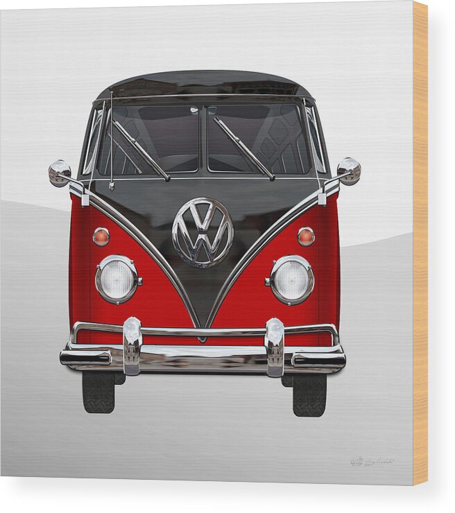 'volkswagen Type 2' Collection By Serge Averbukh Wood Print featuring the photograph Volkswagen Type 2 - Red and Black Volkswagen T 1 Samba Bus on White by Serge Averbukh