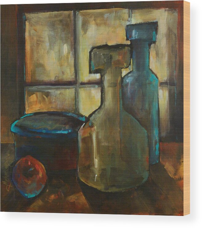 Still Life Fruit Apples Jars Bottles Dusk Lighting Mood Wood Print featuring the painting Waiting by Michael Lang