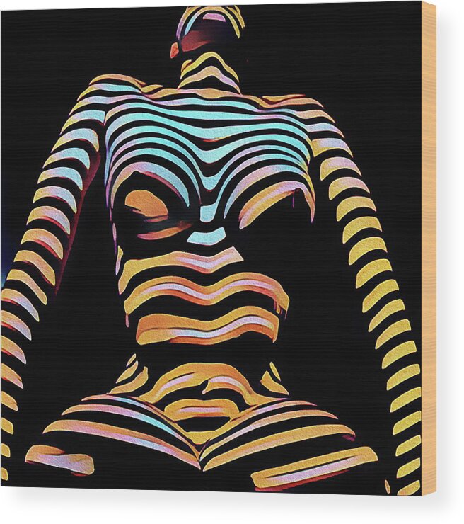 Zebra Wood Print featuring the digital art 1205s-MAK Seated Figure Zebra Striped Nude rendered in Composition style by Chris Maher