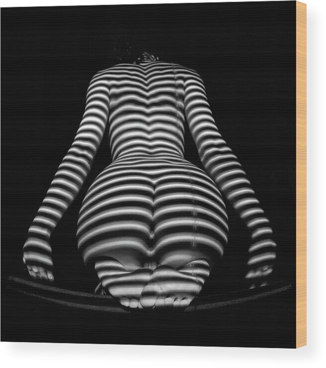 Zebra Woman Wood Print featuring the photograph 1249-MAK Zebra Woman Rear View Striped Sexy Nude by Chris Maher