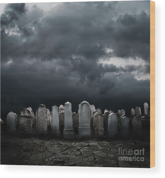Graveyard Wood Print featuring the digital art Graveyard at night by Jelena Jovanovic