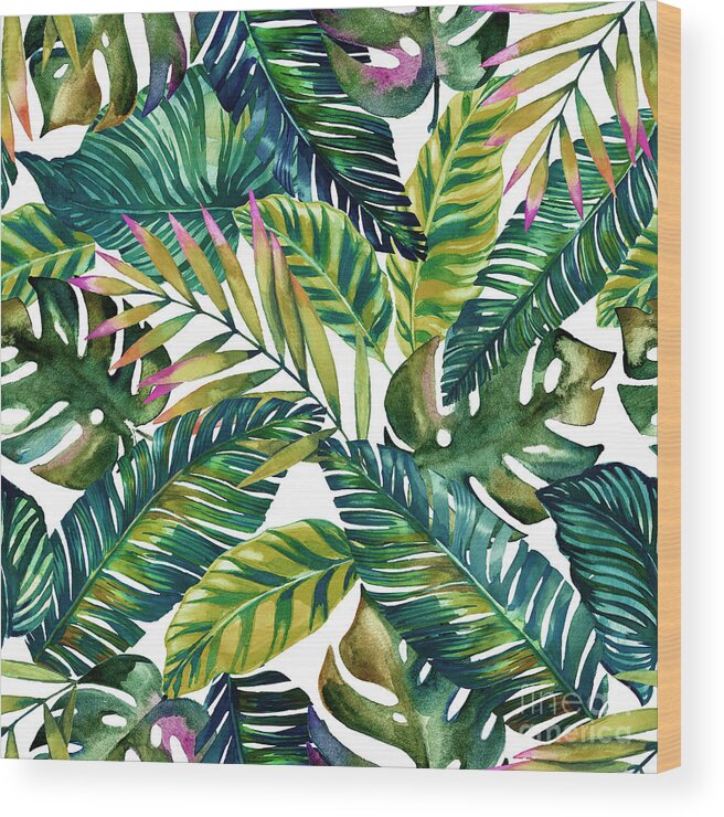 #faatoppicks Wood Print featuring the painting Tropical Green Leaves Pattern by Mark Ashkenazi