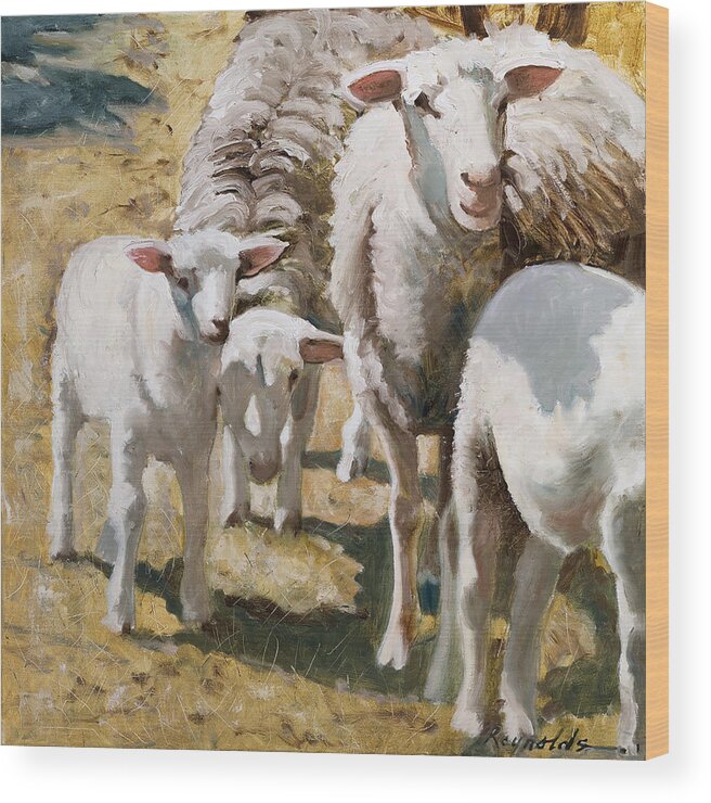 Sheep Wood Print featuring the painting The Whole Family Is Here #3 by John Reynolds