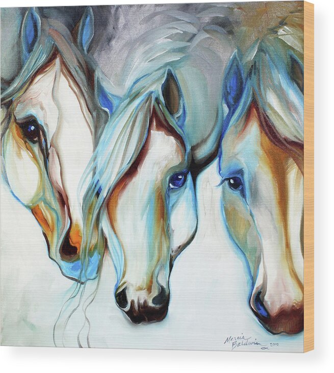 Horse Wood Print featuring the painting 3 WILD HORSES in ABSTRACT by Marcia Baldwin