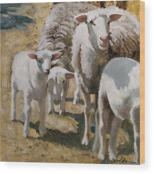 Sheep Wood Print featuring the painting The Whole Family Is Here #4 by John Reynolds