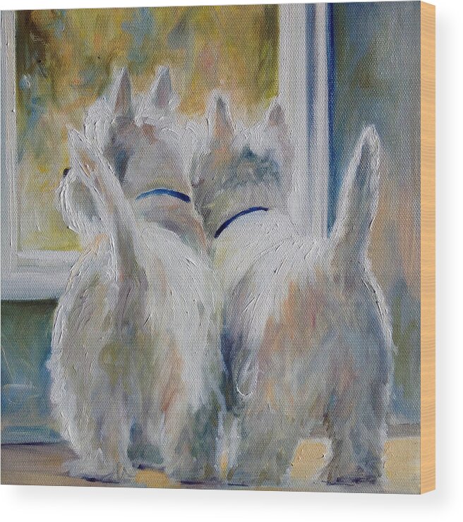 Westies Wood Print featuring the painting 5 O'clock by Mary Sparrow