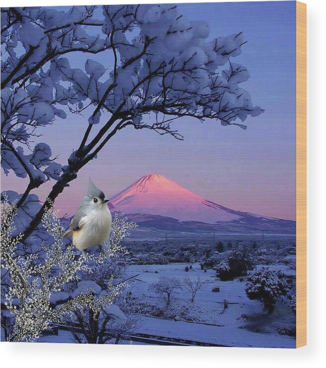 A Bird In Winter Scene Wood Print featuring the digital art Tufted Titmouse in winter scene by John Junek