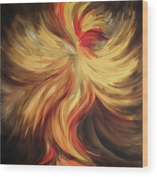 Abstract Wood Print featuring the painting Abstract Fire Rooster by Michelle Pier