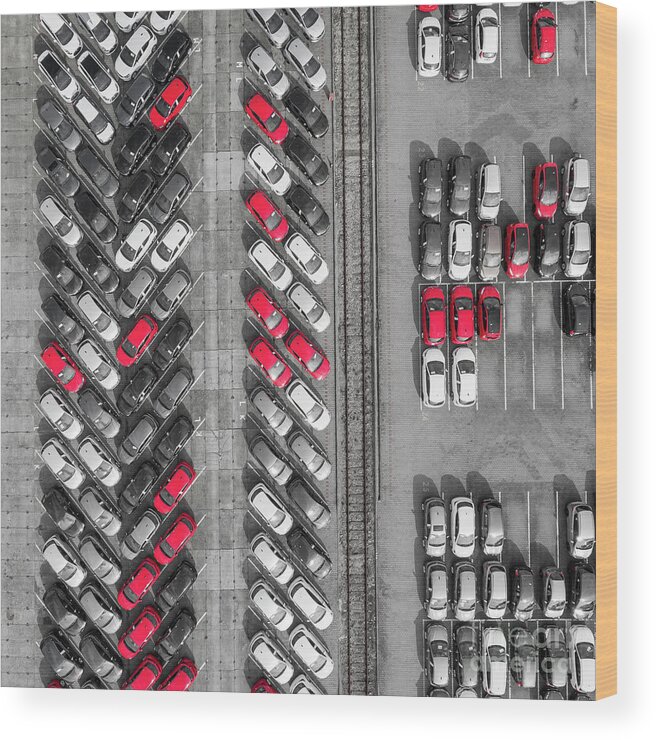 Above Wood Print featuring the photograph Aerial view lot of vehicles on parking for new car. Black and Wh by Mariusz Prusaczyk