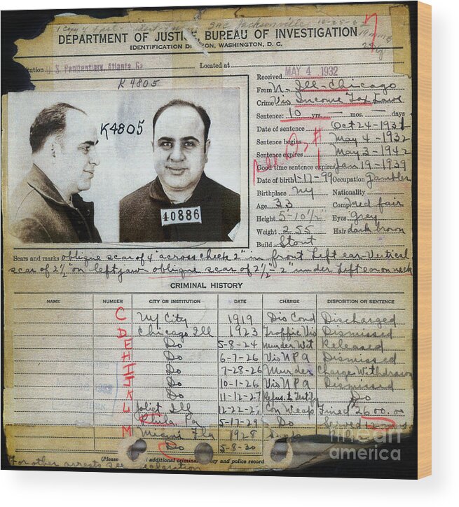 Al Capone Mugshot Wood Print featuring the photograph Al Capone Mugshot and Criminal History by Jon Neidert