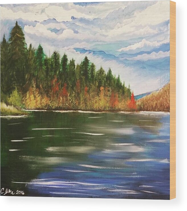 Carizacreations Wood Print featuring the painting Autumn Lake by Cariza Libre