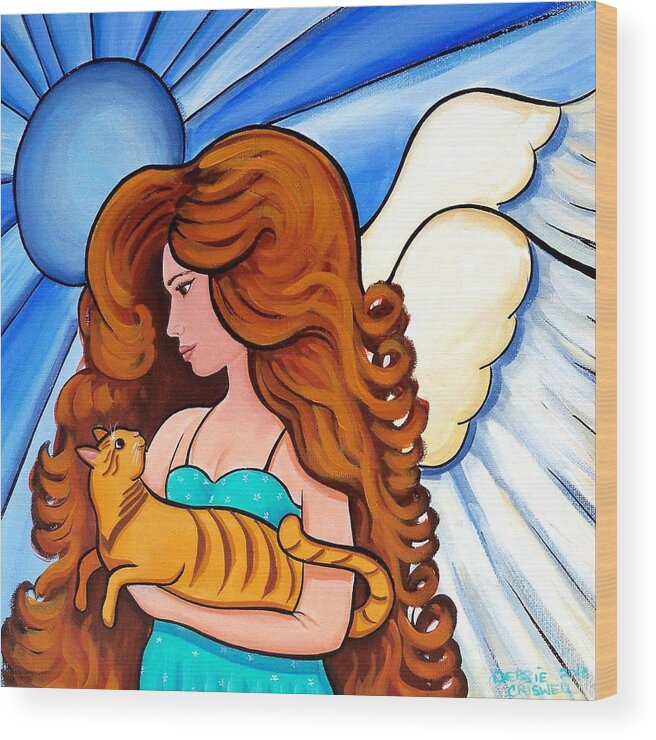 Angel Wood Print featuring the painting Angels Arms - cat angel portrait by Debbie Criswell