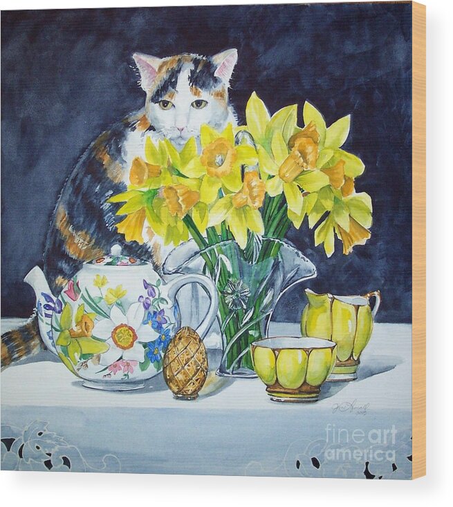 Cat Wood Print featuring the painting Annabelle Behind Flowers by Jane Loveall