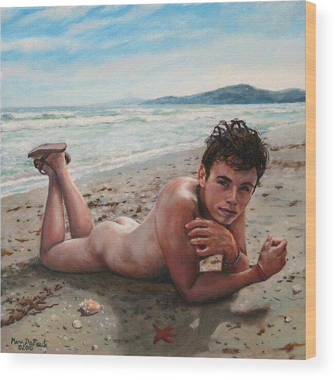 Nude Male Wood Print featuring the painting Antonio en la Playa by Marc DeBauch