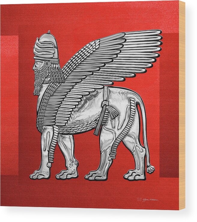 ‘treasures Of Mesopotamia’ Collection By Serge Averbukh Wood Print featuring the digital art Assyrian Winged Lion - Silver Lamassu over Red Canvas by Serge Averbukh