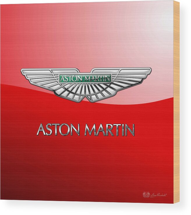 Wheels Of Fortune� Collection By Serge Averbukh Wood Print featuring the photograph Aston Martin - 3 D Badge on Red by Serge Averbukh