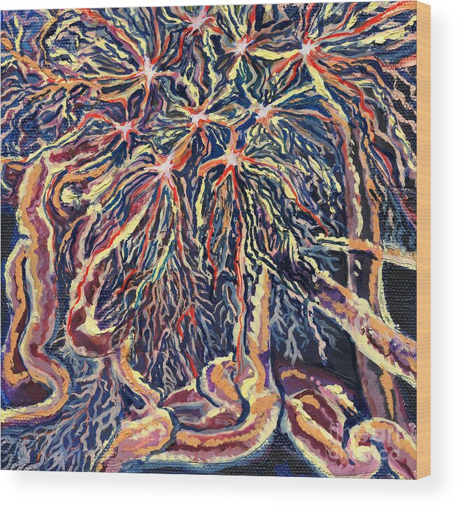 Biology Wood Print featuring the painting Astrocytes Microbiology Landscapes Series by Emily McLaughlin