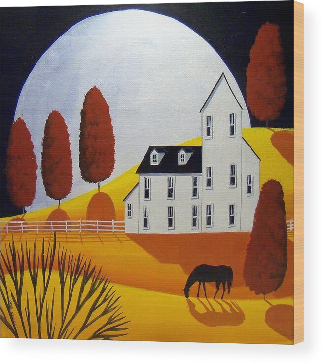 Folk Art Wood Print featuring the painting Autumn Wonder Moon - country farm folk art by Debbie Criswell
