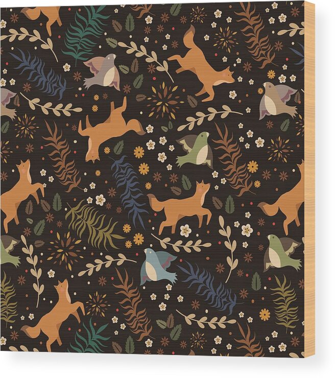 Graphic-design Wood Print featuring the painting Autumn Woodsy Floral Forest Pattern With Foxes And Birds by Little Bunny Sunshine