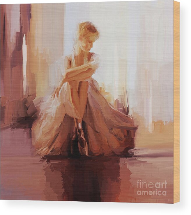 Ballerina Wood Print featuring the painting Ballerina dancer sitting on the floor 01 by Gull G