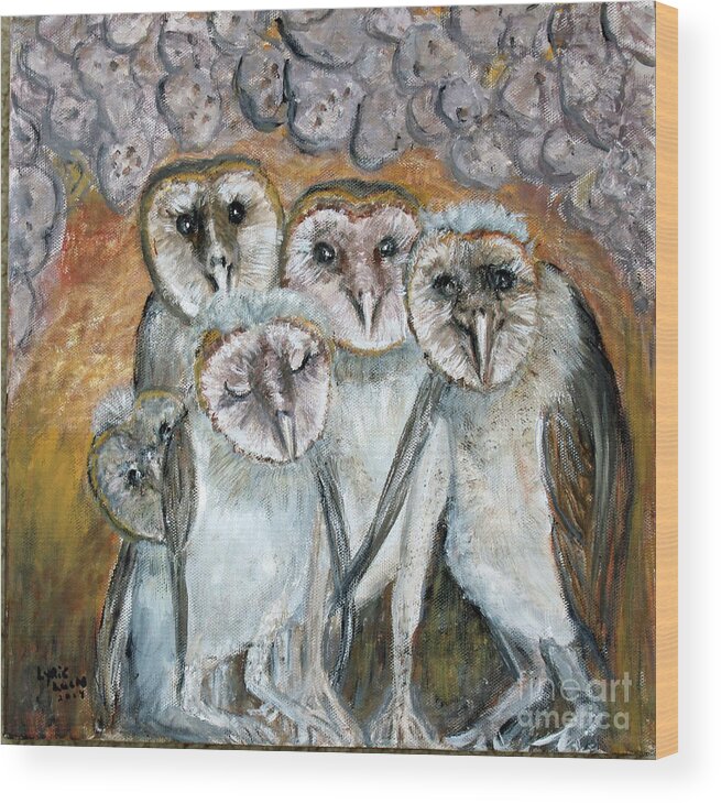 Animals Wood Print featuring the painting Barn Owl Chicks In Cave by Lyric Lucas