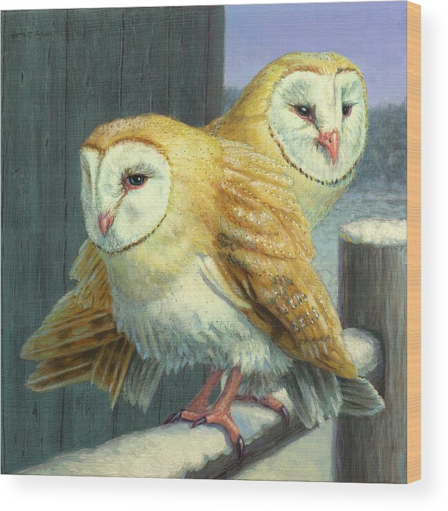Barn Owls Wood Print featuring the painting Barn Owl Couple by James W Johnson