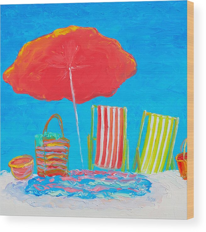 Beach Wood Print featuring the painting Beach Art - The red umbrella by Jan Matson