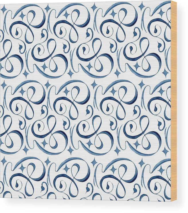 Indigo Blue Wood Print featuring the painting Beach House Indigo Star Swirl Scroll Pattern by Audrey Jeanne Roberts