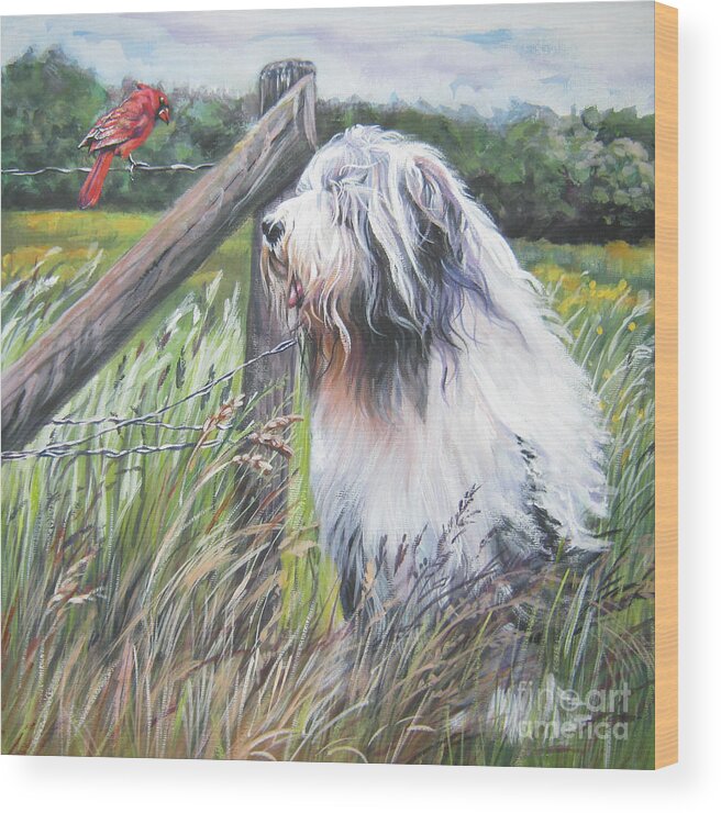 Bearded Collie Wood Print featuring the painting Bearded Collie with Cardinal by Lee Ann Shepard