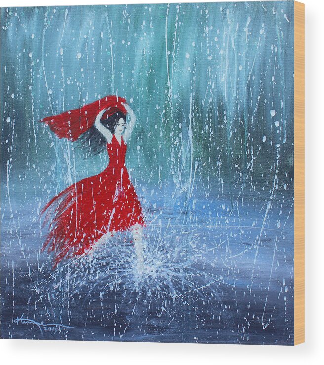 Being A Women Wood Print featuring the painting Being a Woman 7 - In the Rain by Kume Bryant